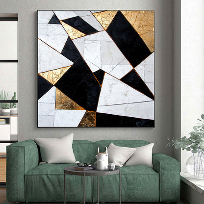 White, Black, Gold, Geometric Triangles "Gilded Geometry" Abstract Modernist Painting On Canvas HB076