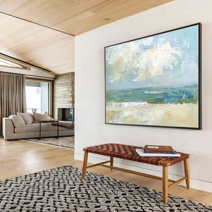 “Abstract Coastal View” - Muted Blues, Greens, Beiges, Textured Beach Scene - Oil Painting HB1613
