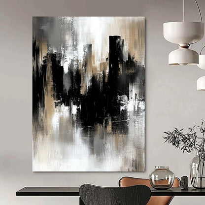 Contemporary hand-painted abstract art featuring a gray and black industrial cityscape with soft edges and loose brushstrokes in muted tones. DLZ0707