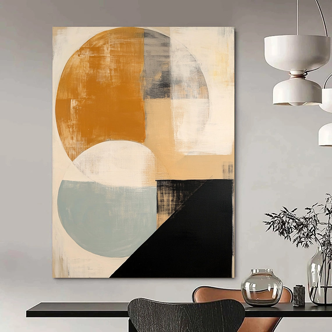 Contemporary hand-painted abstract artwork featuring soft beige black and white shapes a vibrant orange circle and subtle blue and grey accents. DLZ1038