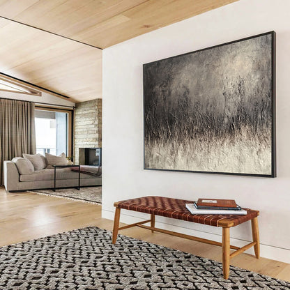 “Textured Gray Field” - Dark gray texture, grass - like forms, Textural Abstract Painting On Canvas HB0557