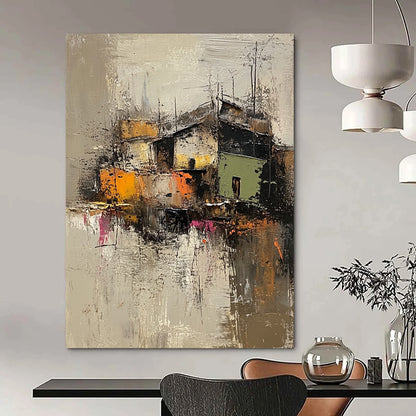 Contemporary abstract artwork featuring an old village in muted grey and brown, highlighted with vibrant green, yellow, orange, and pink textures. DLZ0961
