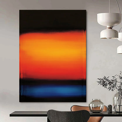 Bold contemporary hand-painted abstract artwork with a serene orange and blue gradient background and glowing shades of red and blue. DLZ1157