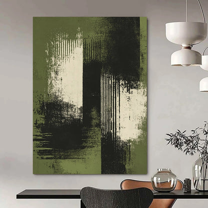 Contemporary hand-painted abstract artwork featuring green and white brush strokes with distressed edges on a dark background and soft tones. DLZ1267