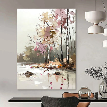 Contemporary abstract art features a soft palette knife technique with light pink and beige tones, showcasing trees by the river in a dreamy, blurred style. DLZ1113