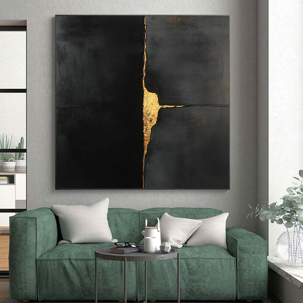 Black, Gold, Cracked Surface "Golden Fissure" Abstract Expressionist Painting On Canvas HB115