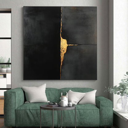 Black, Gold, Cracked Surface "Golden Fissure" Abstract Expressionist Painting On Canvas HB115