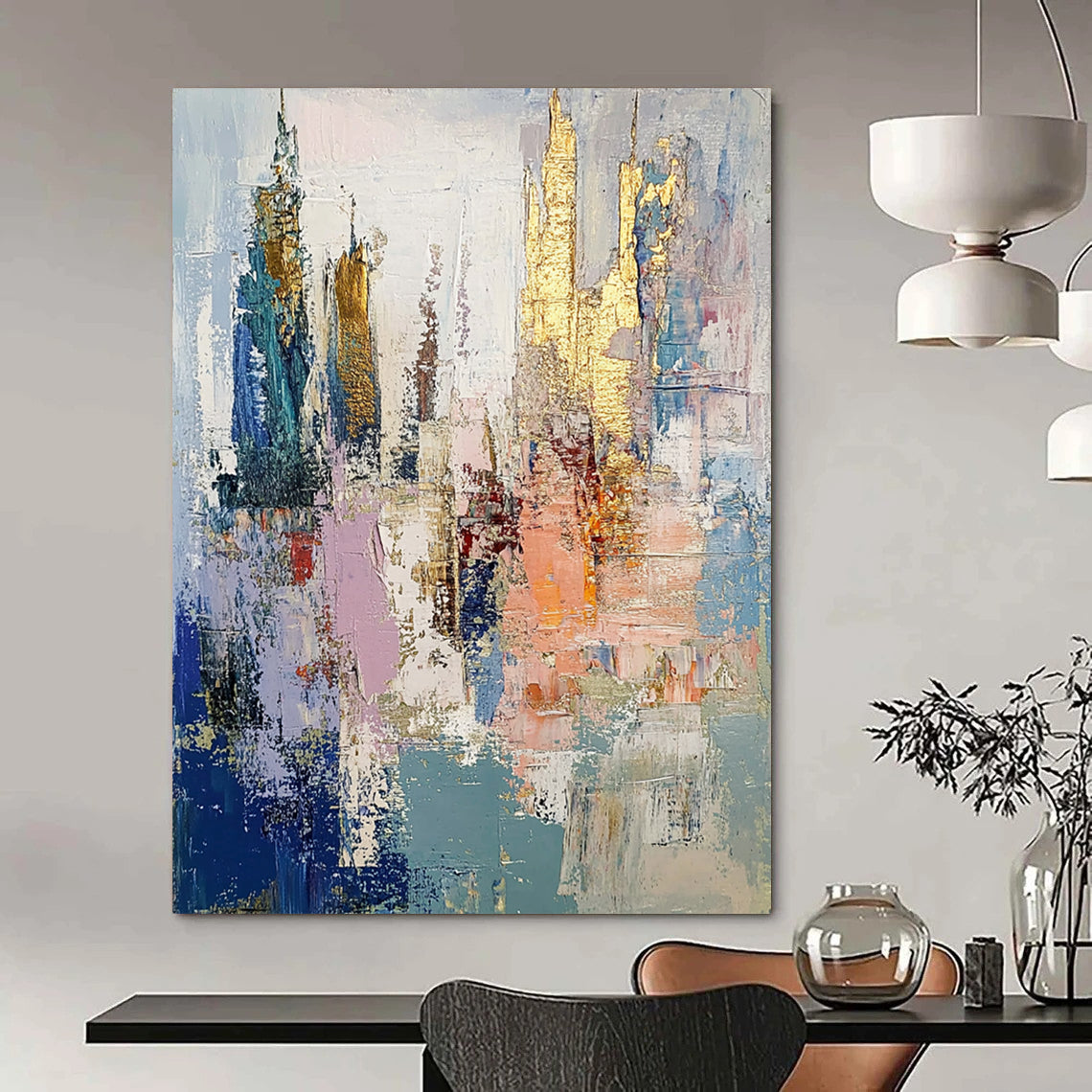 Contemporary abstract oil painting depicts an underwater city in muted pastels with gold leaf accents and thick brush strokes creating textured layers. DLZ0890