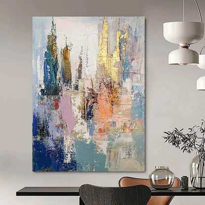Contemporary abstract oil painting depicts an underwater city in muted pastels with gold leaf accents and thick brush strokes creating textured layers. DLZ0890