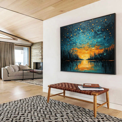 “Starry River Sunset” - Orange, Blue, River & Starry Sky Oil Painting On Canvas HB0719