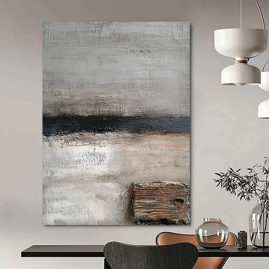 Contemporary hand-painted abstract art featuring shades of gray and white with textured wood and hints of dark blue for a serene aesthetic. DLZ0925