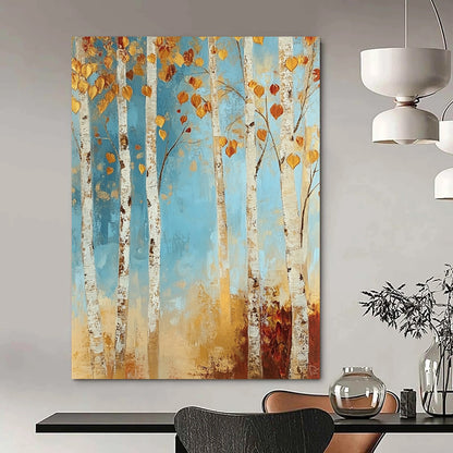 Contemporary abstract painting featuring a tranquil birch forest with autumn hues in soft blues and golds, adding warmth to your space. DLZ1456