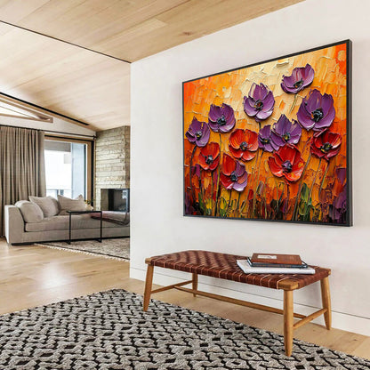 “3D Purple - Red Poppies” - Sculptural purple and red poppies on an orange backdrop, Impasto Floral Painting On Canvas HB0543