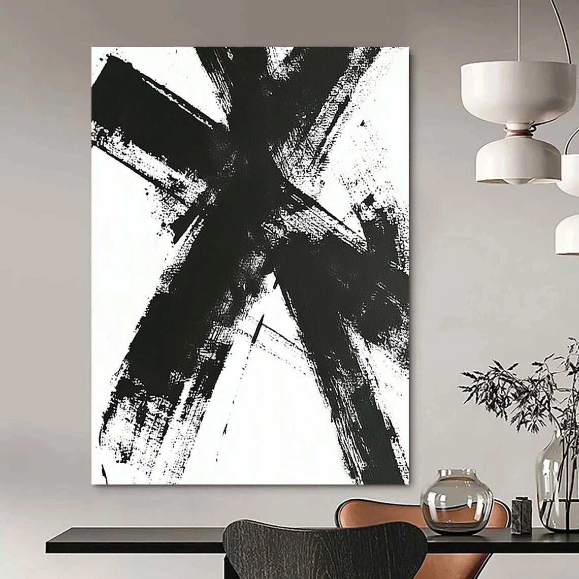 Contemporary large hand-painted abstract artwork featuring a black and white cross with dynamic intersecting lines and expressive brush strokes. DLZ1539