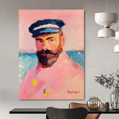Contemporary hand-painted abstract artwork featuring a sailor in pink attire with a pastel palette and thick brush strokes against a vibrant background. DLZ1408