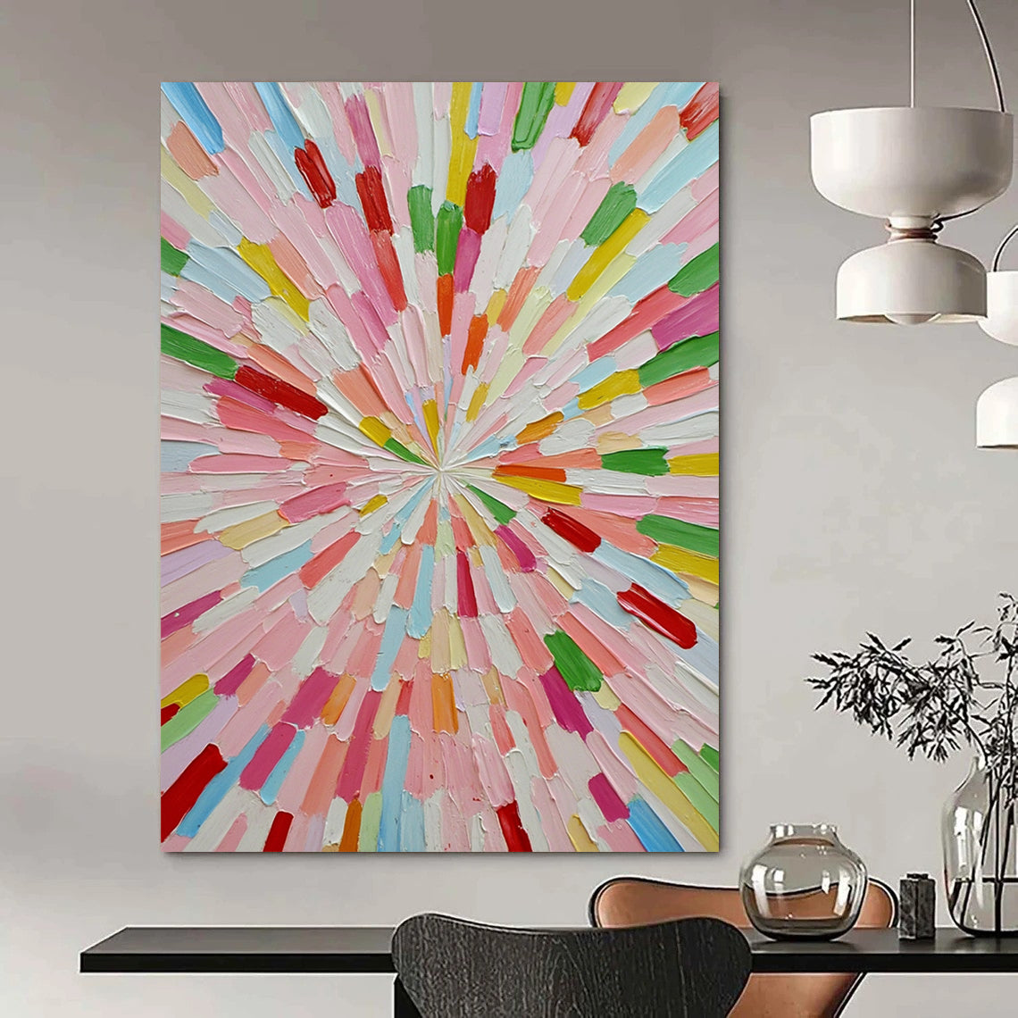 Large contemporary abstract artwork featuring vibrant colors in a sunburst pattern crafted from small paper sticks on a white background. DLZ1275