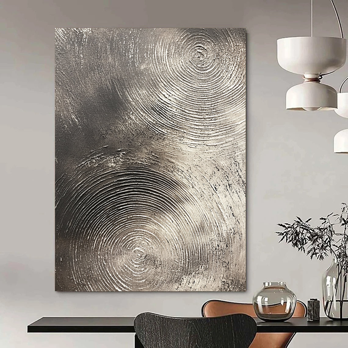 Contemporary abstract artwork features silver textures with swirling patterns on a dark gray background emphasizing depth and movement. DLZ1075