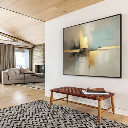 “Neutral Tones with Gold Cross” - Beige, light blue, gray, gold; Abstract cross with gold in neutral tones; Acrylic Painting On Canvas HB1248