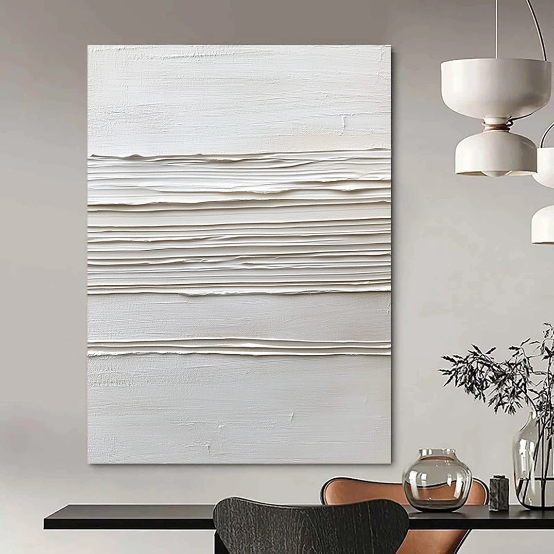 Contemporary abstract artwork featuring a white background with textured cream lines, celebrating minimalist style and dynamic brushstrokes in thick impasto. DLZ1738