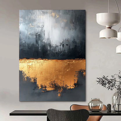Large contemporary abstract painting in gray and gold tones with gold foil and strong textures for luxurious wall decor. DLZ0521