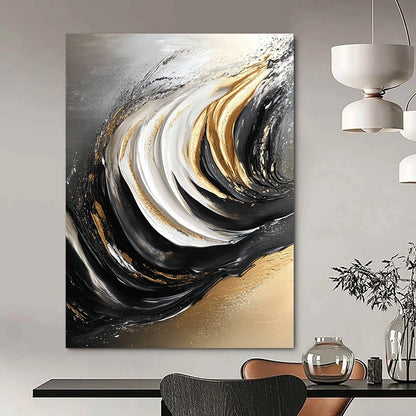 Contemporary hand-painted abstract art featuring flowing grain in black and white with elegant gold accents for a striking visual impact. DLZ0297