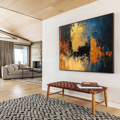 “Blue Gold Abstract” - Blue, black, gold, orange; Textured geometric abstract; Acrylic Painting On Canvas HB1212