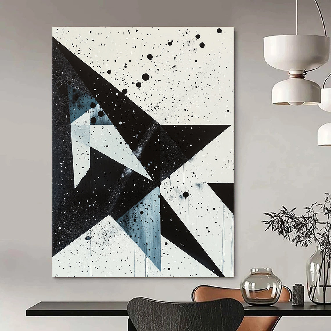 Black, White, Blue with Splattered Shapes "Dynamic Contrast" Abstract Painting On Canvas HB004