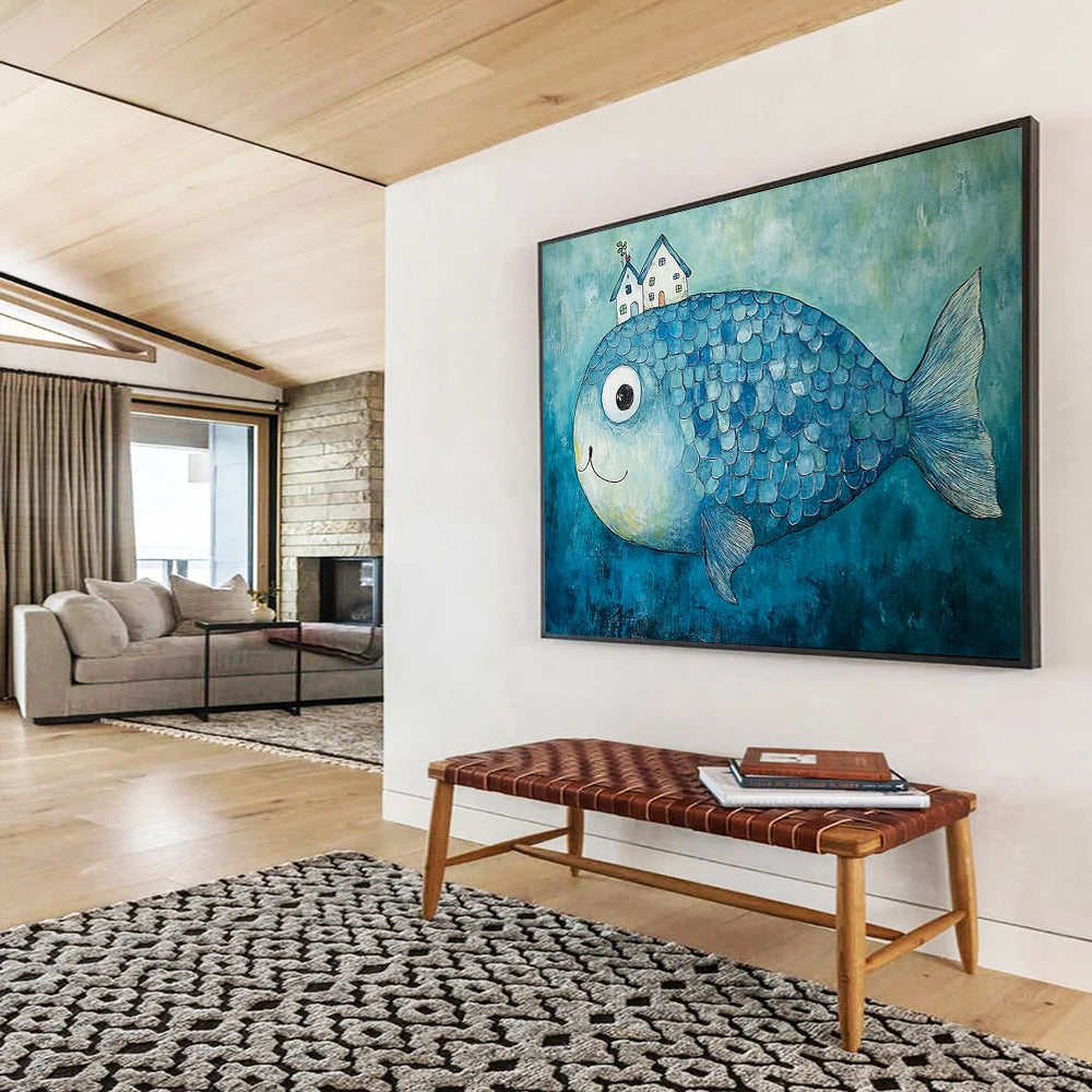 “House - Topped Blue Fish” - Blue fish, white houses, Whimsical Painting On Canvas HB0576