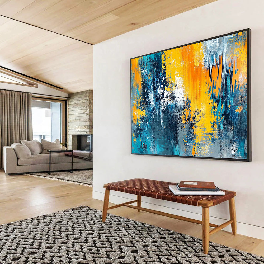 “Blue and Yellow Abstract Layers” - Blue, Yellow, Layered Textures Painting On Canvas HB0870