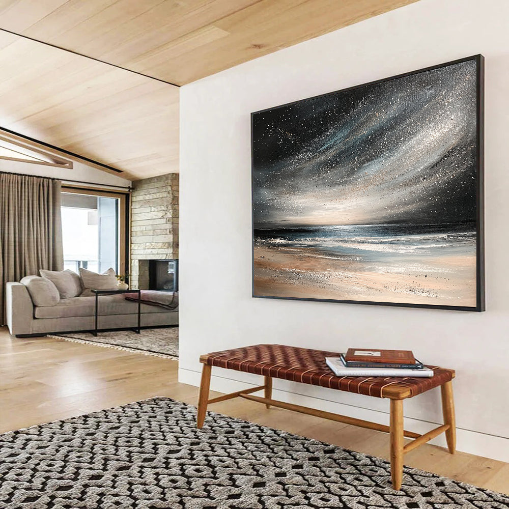 “Starry Night Beach” - Black, Silver, Beige, Celestial Seaside Scene Painting On Canvas HB1026