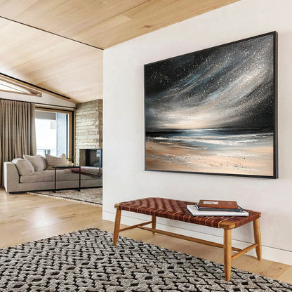 “Starry Night Beach” - Black, Silver, Beige, Celestial Seaside Scene Painting On Canvas HB1026