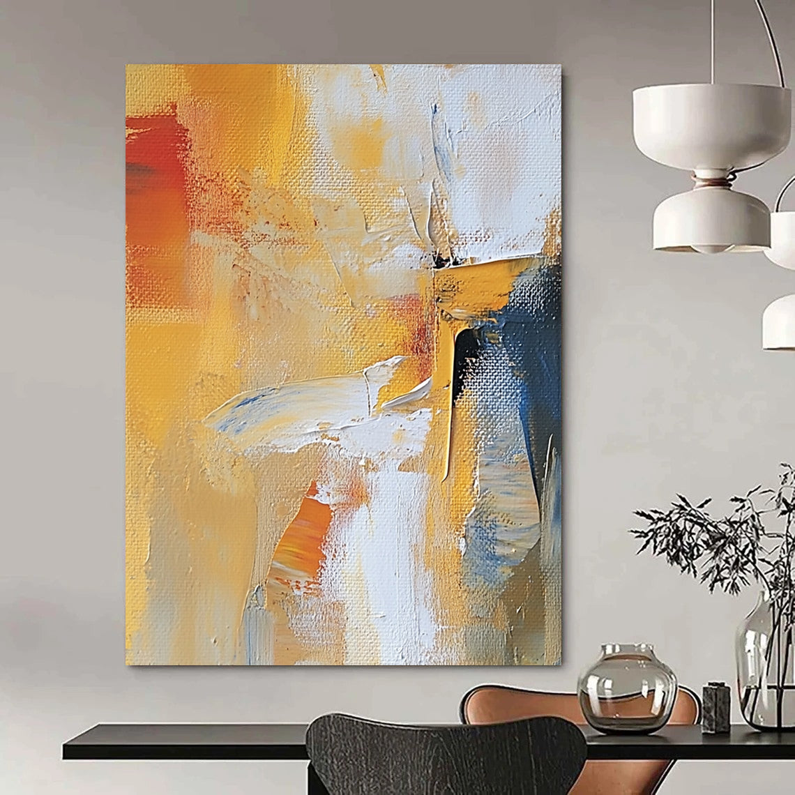Contemporary abstract artwork featuring warm colors expressive brushstrokes and dynamic textures created with palette knife techniques. DLZ0899
