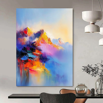 Contemporary abstract oil painting featuring an ethereal mountain range in vibrant colors with misty atmosphere and dreamlike light effects. DLZ0459