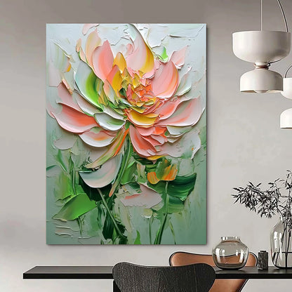 Contemporary abstract painting showcases textured flowers in pink and green hues against a white background, highlighting delicate details and depth. DLZ1667