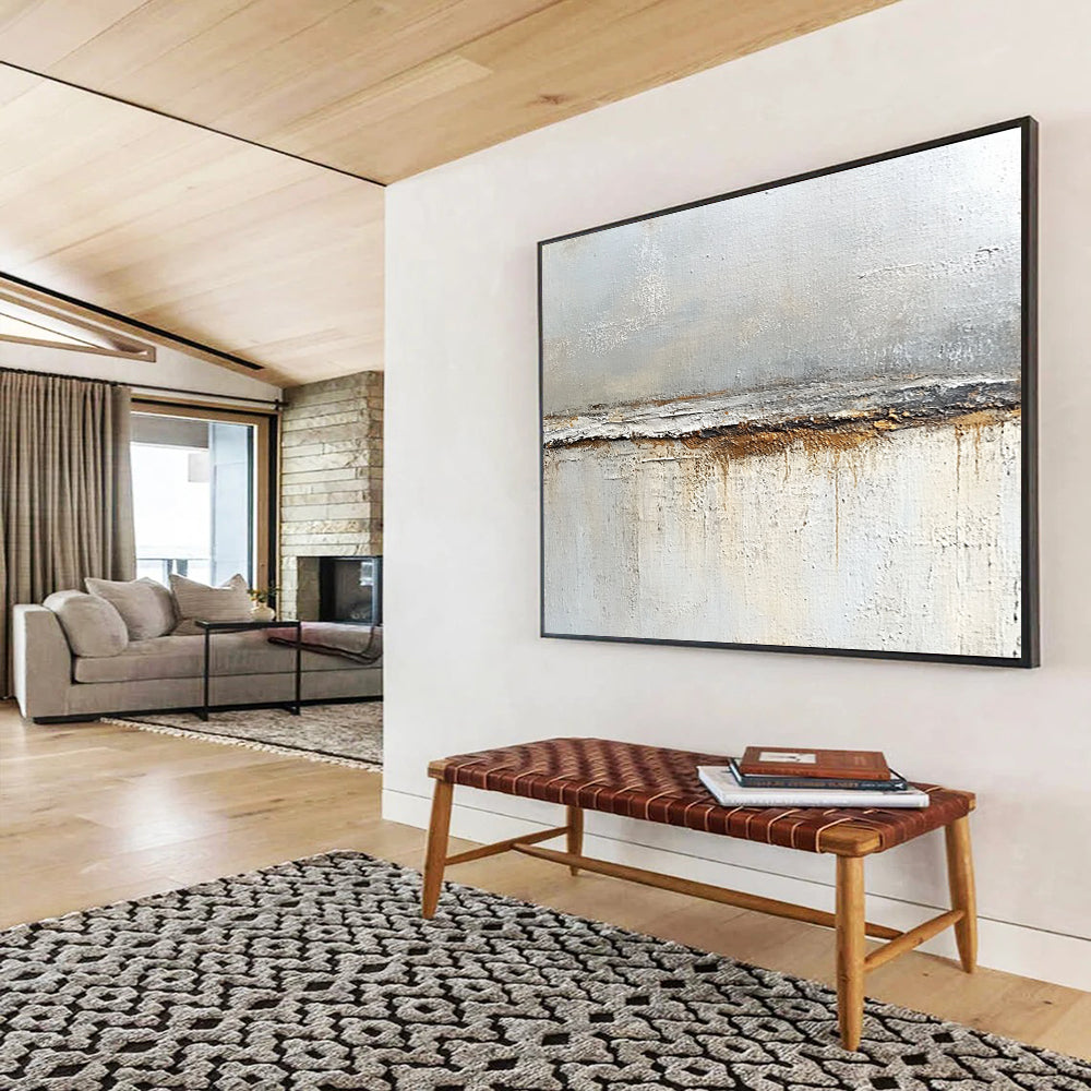 “Textured Gray and Brown Divide” - Gray, brown, white; Textured horizontal divide with drips; Oil Painting On Canvas HB1217