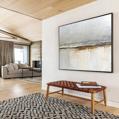 “Textured Gray and Brown Divide” - Gray, brown, white; Textured horizontal divide with drips; Oil Painting On Canvas HB1217