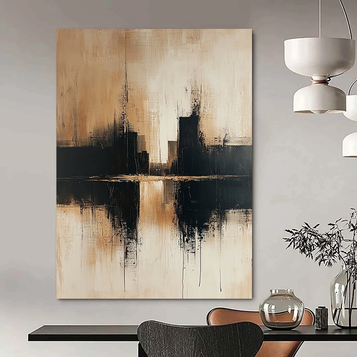 Contemporary abstract art showcasing an urban cityscape in beige and black tones on a textured canvas with a minimalist style and neutral palette. DLZ0465