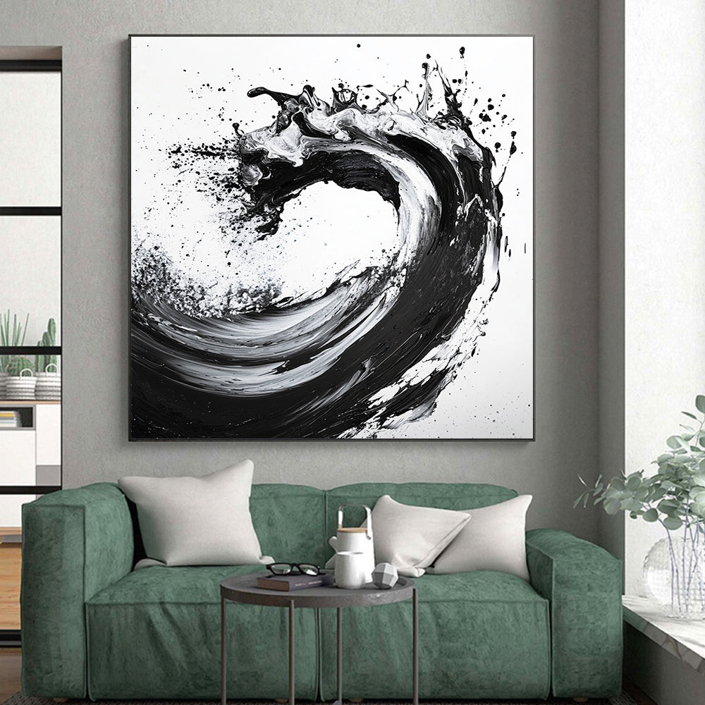 Black, White, Cascading Ink Splash "Ink Cascade" Abstract Expressionist Painting On Canvas HB135
