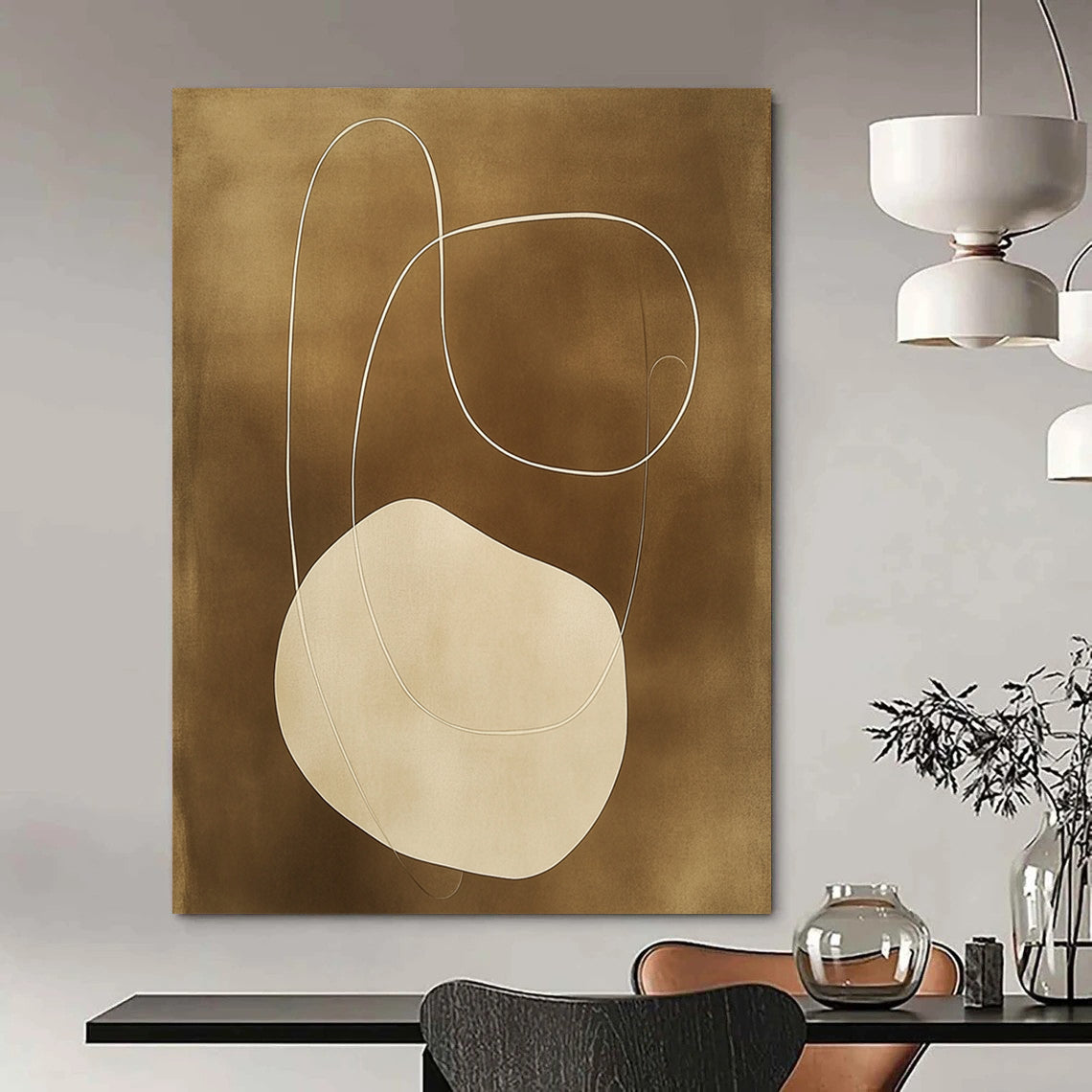 Contemporary hand-painted abstract artwork features organic shapes and connecting lines in earthy tones on a dark beige background, showcasing elegant simplicity. DLZ0861