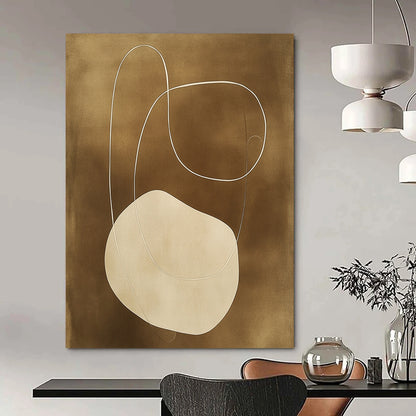 Contemporary hand-painted abstract artwork features organic shapes and connecting lines in earthy tones on a dark beige background, showcasing elegant simplicity. DLZ0861