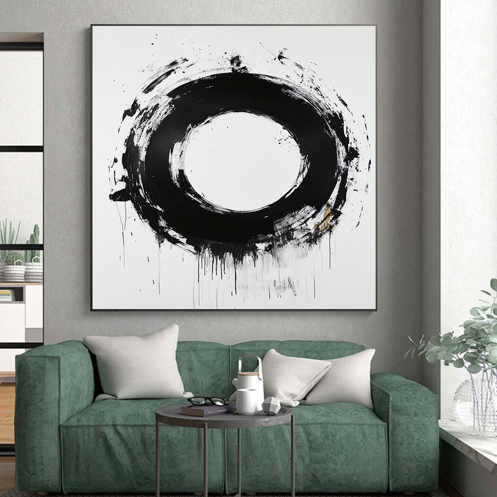 White, Black and Gold Abstract Circle "Expressive Enso" Painting On Canvas HB368