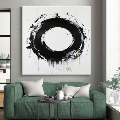 White, Black and Gold Abstract Circle "Expressive Enso" Painting On Canvas HB368
