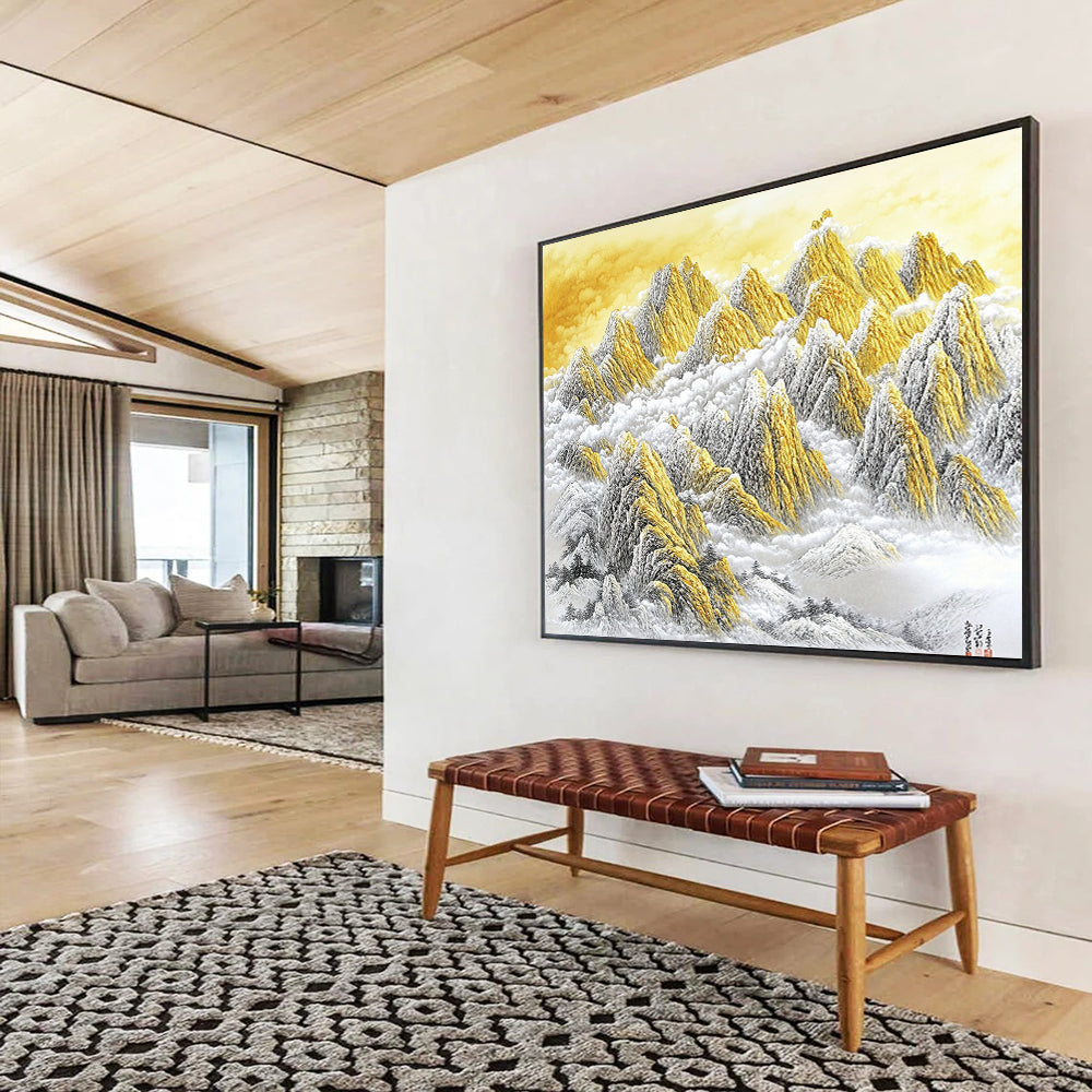 “Golden Mountain Peaks in Clouds” - Gold, White, Gray, Majestic Mountain Scene - Chinese Ink Painting HB1648