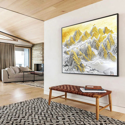 “Golden Mountain Peaks in Clouds” - Gold, White, Gray, Majestic Mountain Scene - Chinese Ink Painting HB1648