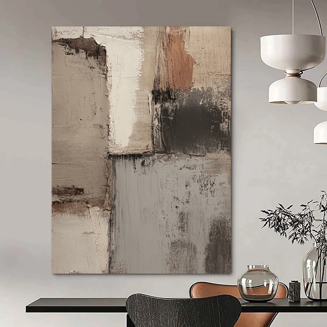 Contemporary hand-painted abstract art featuring soft neutral tones with textured strokes and a moody atmosphere perfect for modern interiors. DLZ1163