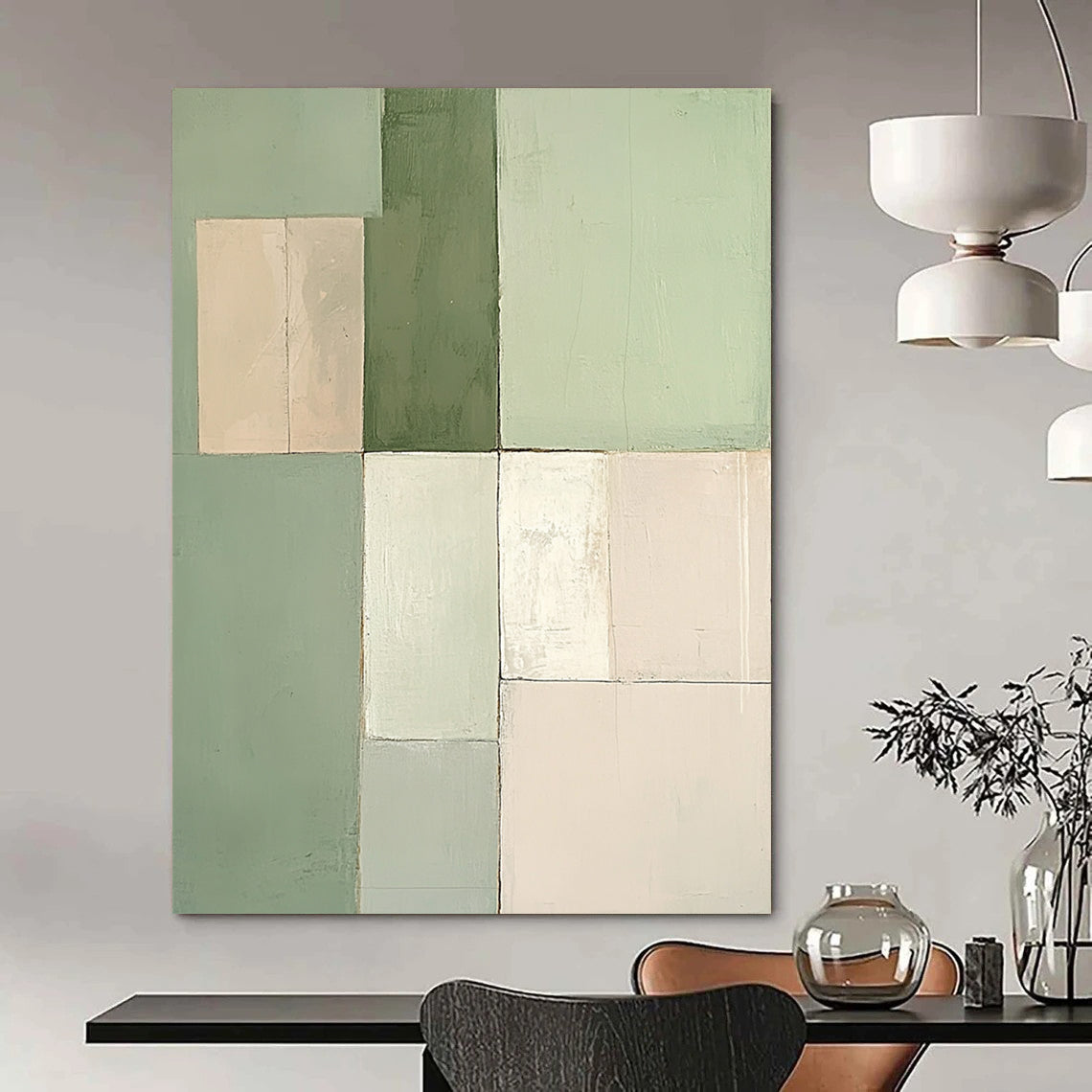 Contemporary hand-painted abstract artwork features a minimalist design with soft pastel green and beige squares in varying sizes. DLZ1334