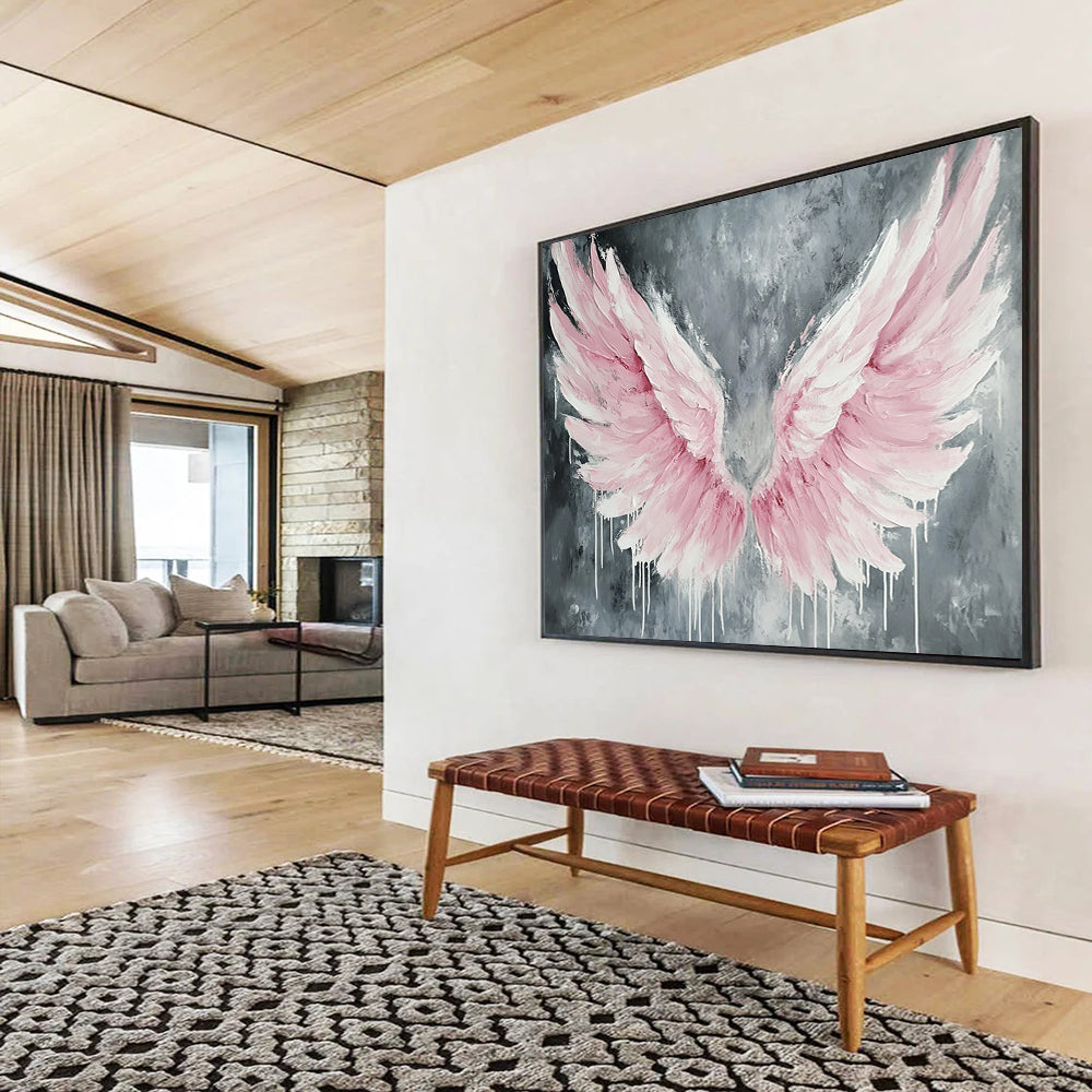 “Pink Winged Dreams” - Soft pinks, whites, grays; Textured angel wings, dripping paint; Contemporary Abstract Painting On Canvas HB1162