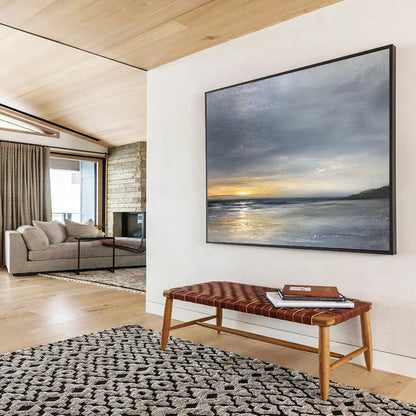 “Moody Seaside Sunset” - Grays, Oranges, Silvers, Coastal Sunset - Minimalist Oil Painting HB1689