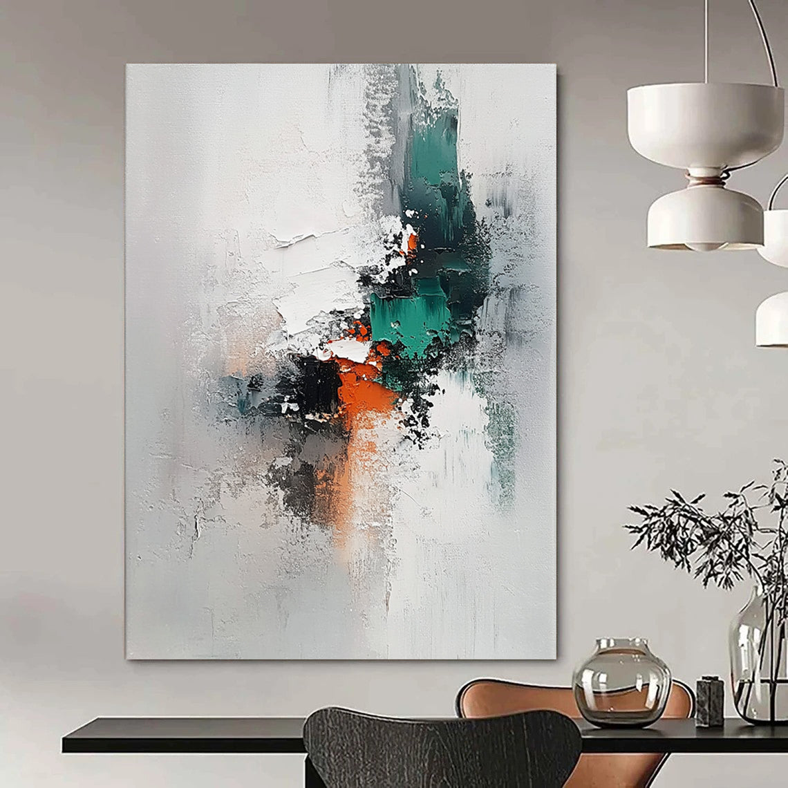 Contemporary hand-painted abstract art on canvas features thick brushstrokes in neutral tones with accents of grey teal and orange against a white background. DLZ1645