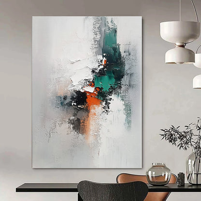 Contemporary hand-painted abstract art on canvas features thick brushstrokes in neutral tones with accents of grey teal and orange against a white background. DLZ1645